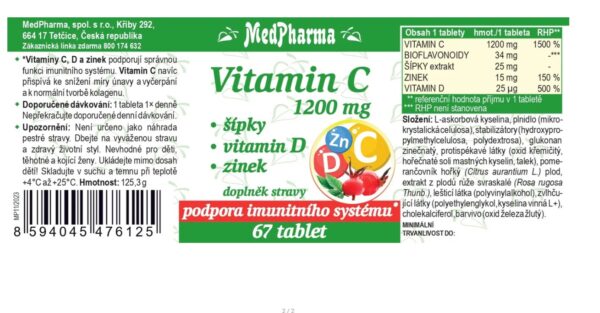 MedPharma Vitamin C 1200 mg  67 tbl. - šípky, vitamin D, zinek - Obrázek 2
